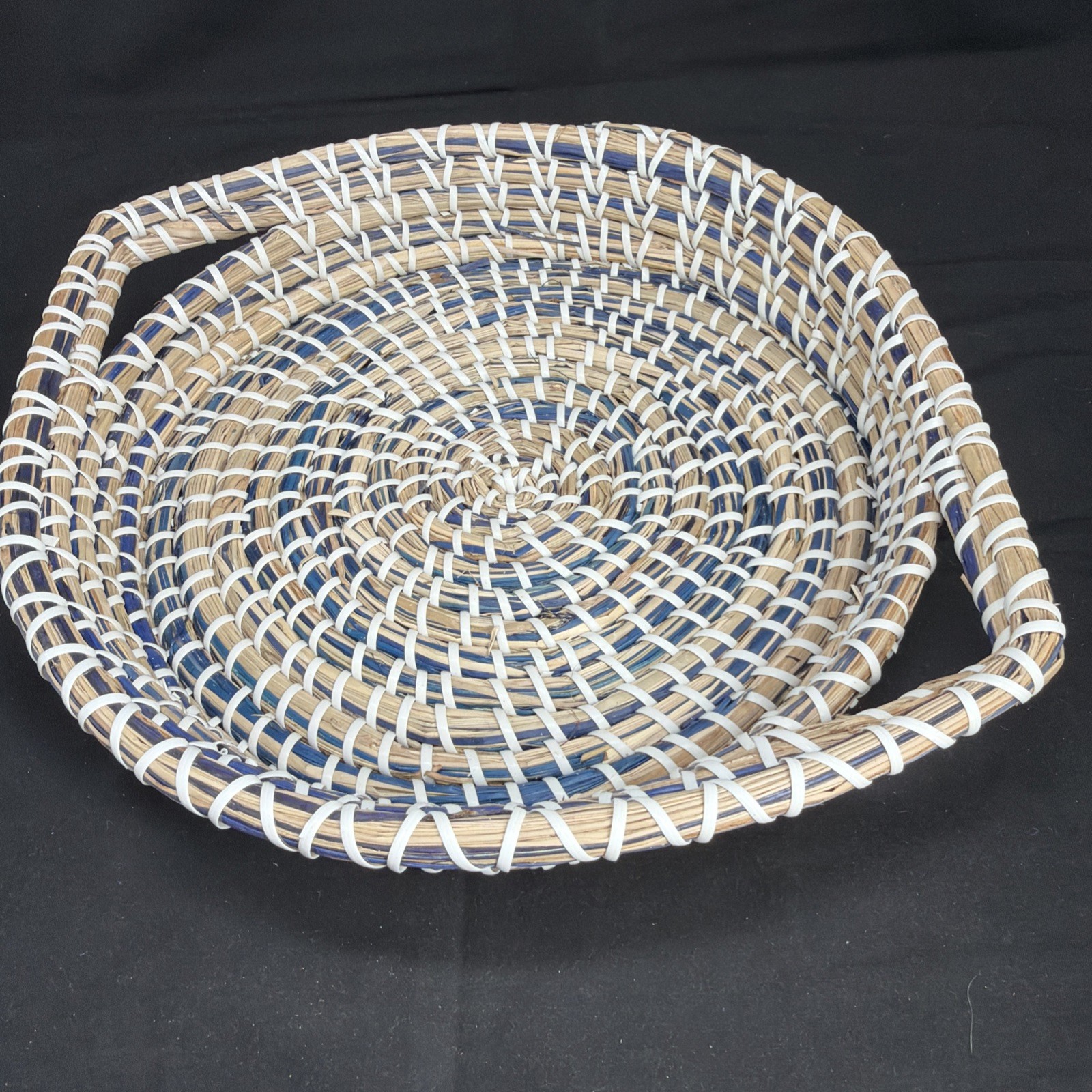 Large Seagrass Basket White Blue 12”