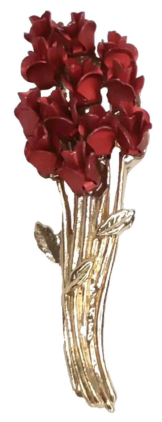 Vintage Dozen Red Roses Brooch Pin Gold Tone Floral Bouquet