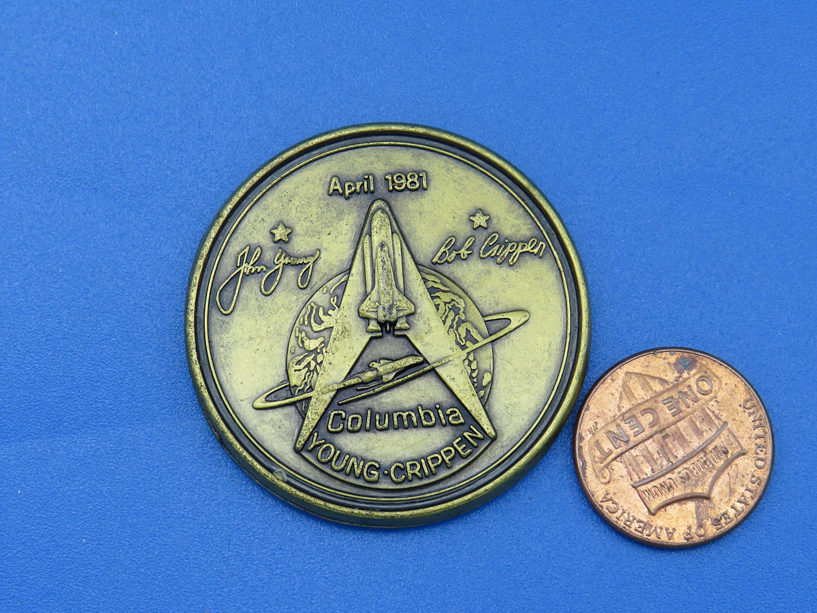 NASA medallion vtg Made with METAL from Space Shuttle COLUMBIA Young Crippen