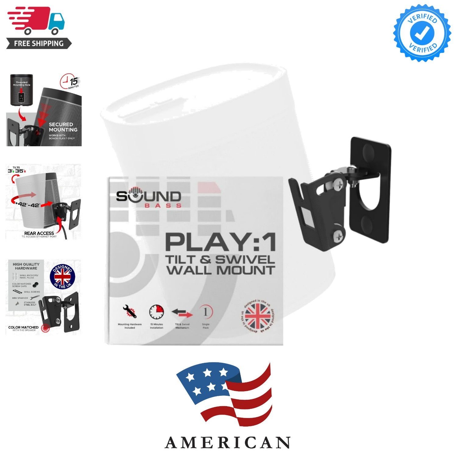 Play 1 Wall Mount Black, Compatible with Sonos Play:1 Only, Adjustable Swivel...