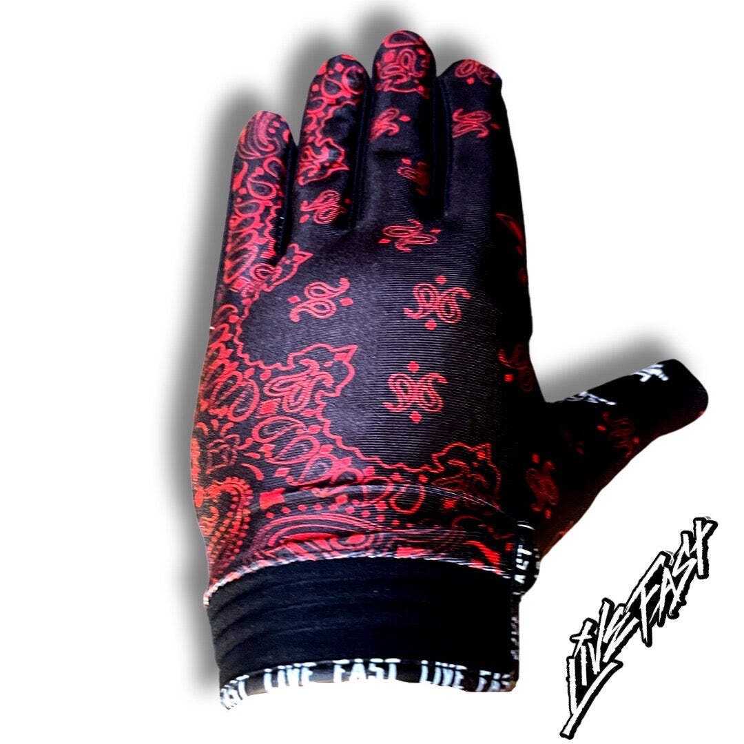 Black & Red Paisley Live Fast Motocross Gloves & Bike Gloves