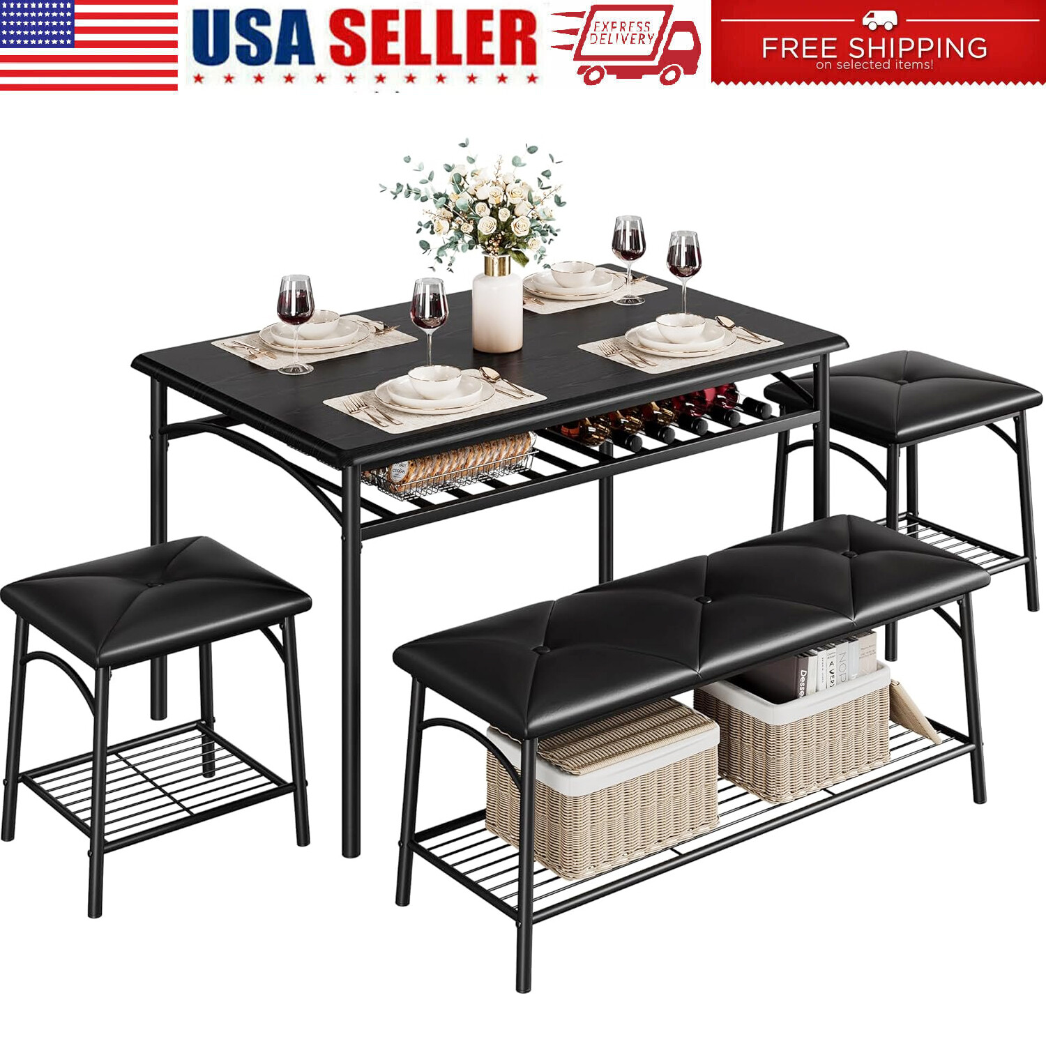 Dining Table Set for 4 Kitchen Table Set w/Upholstered Bench and Stools Storage