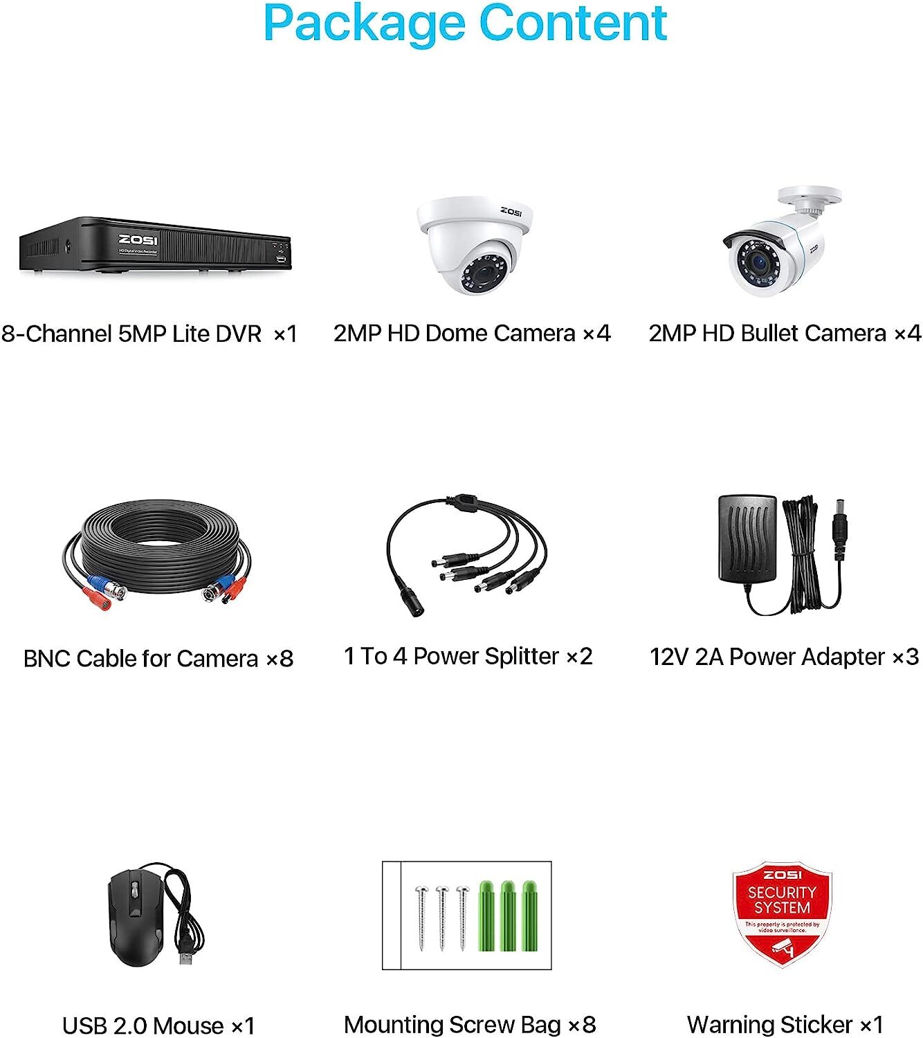ZOSI 5MP Lite 8CH DVR Wired 2MP Security Camera System Remote View Motion Detect