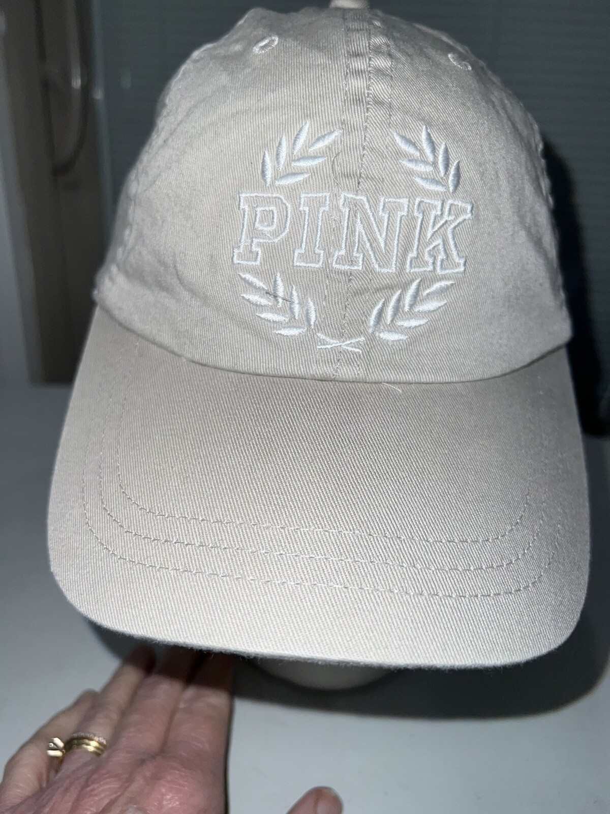 Pink letters /leaves embroidered on Victoria Secret Beige Hat Cap  Strap buckle