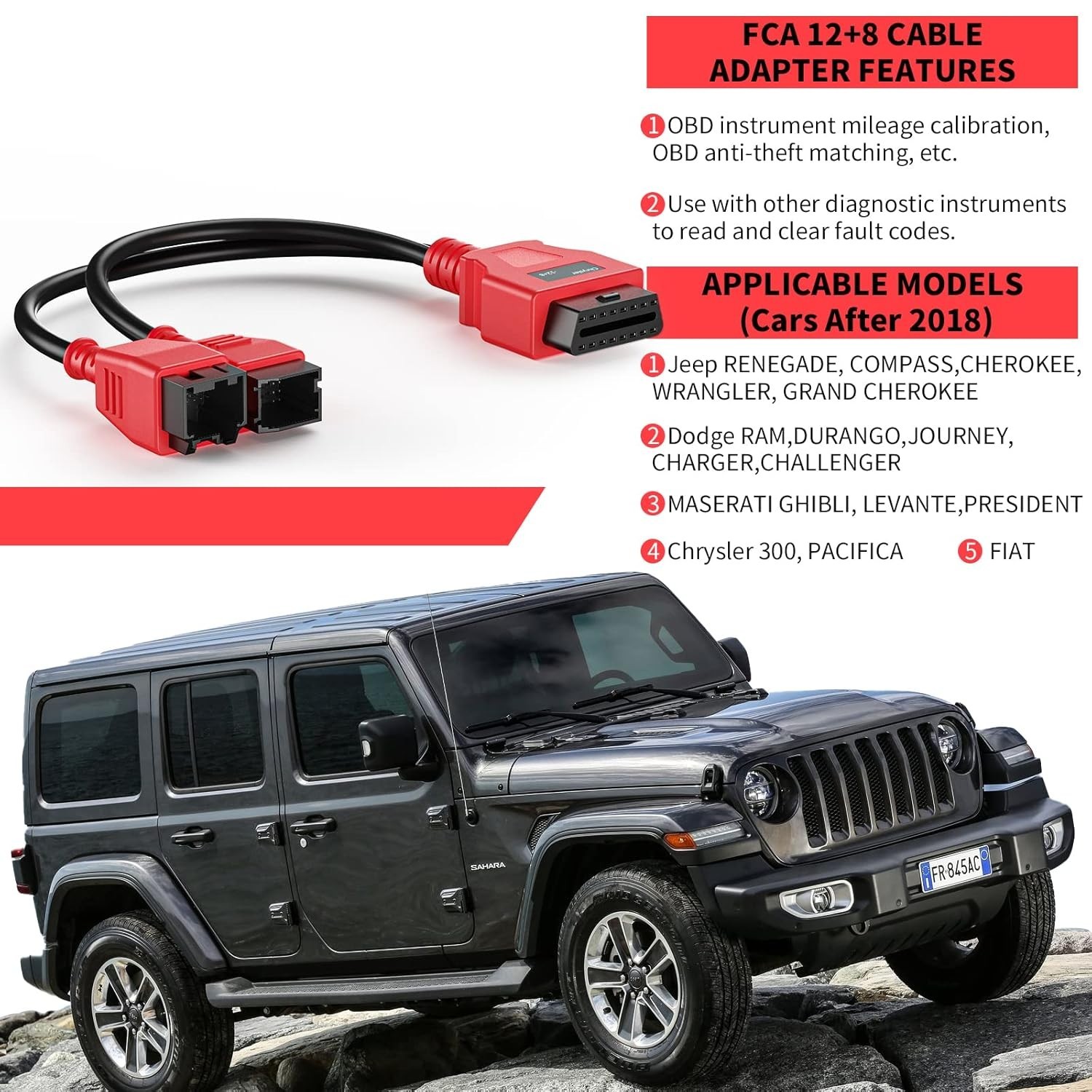 FCA 12+8 Cable Adapter for Chrysler 12+8 Programming Cable Connector, Autel OBD2