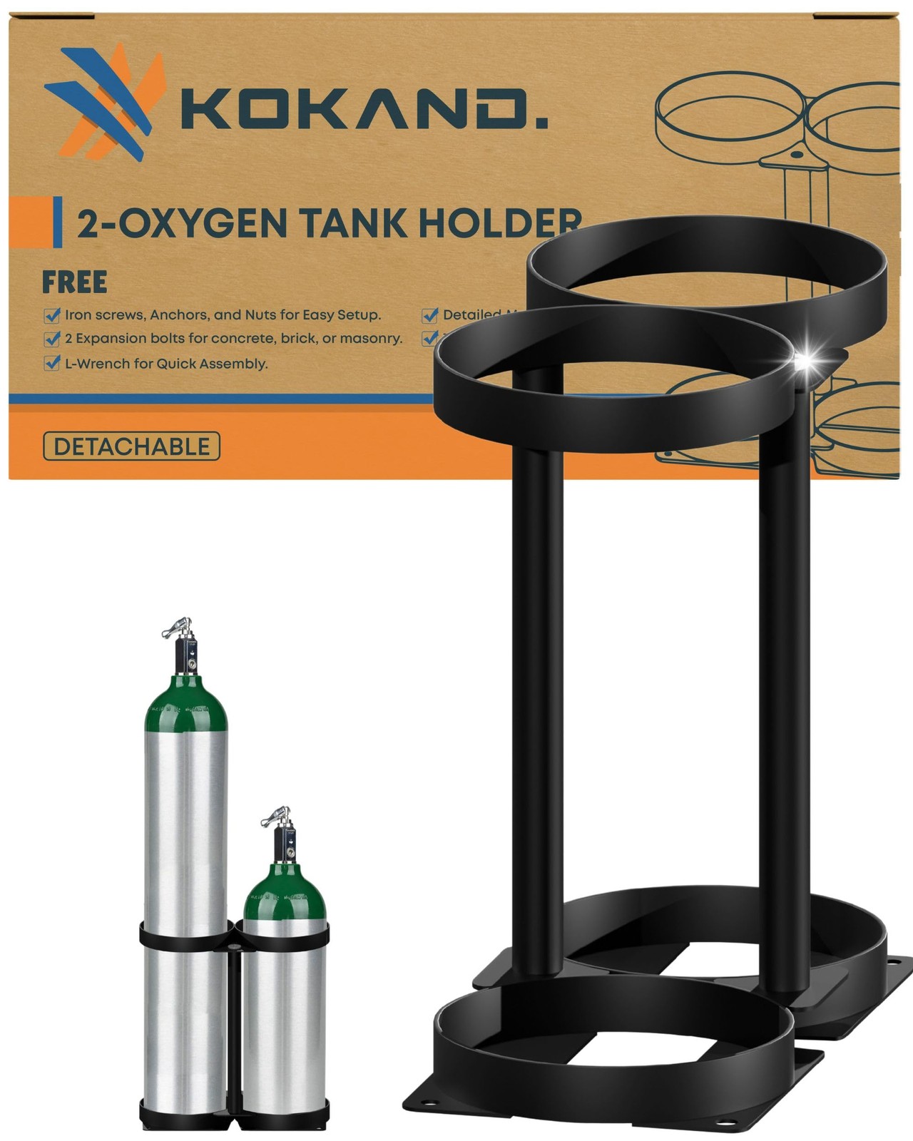 Premium Detachable Oxygen Tank Holder (2) for E, D, M9/C Size Cylinders - Hea...