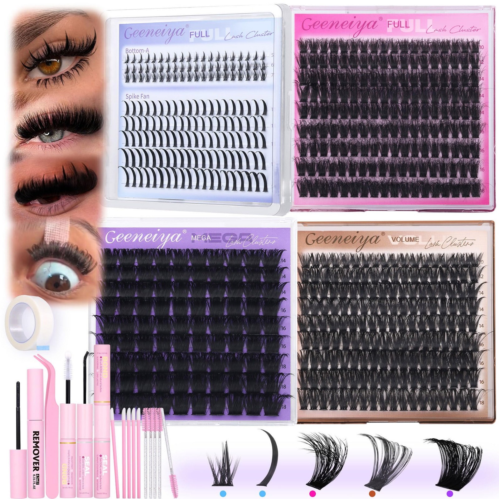 5 Styles Lash Clusters Kit, Volume/Mega/Full/Bottom Eyelash Clusters Extensio...