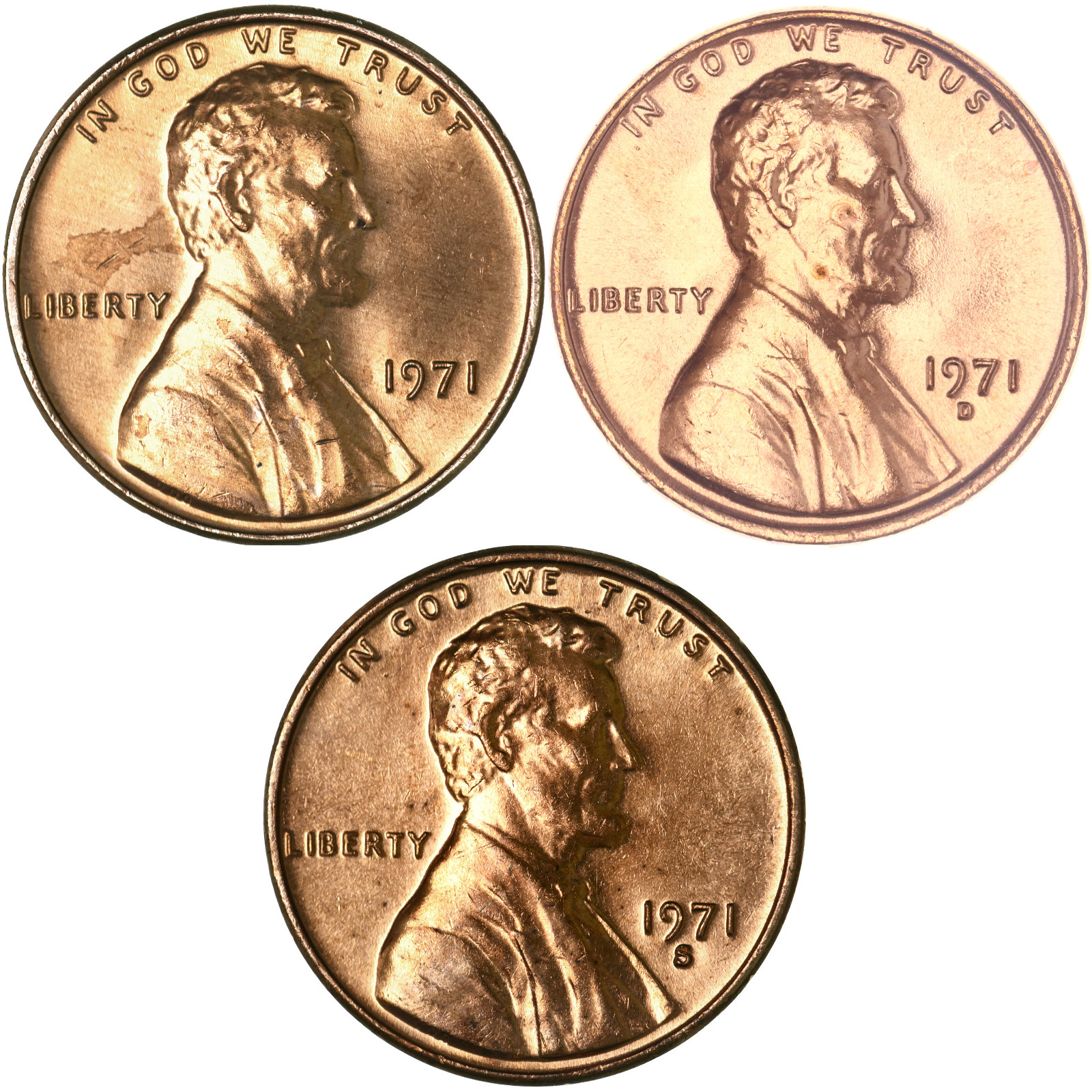1971 P D S Lincoln Memorial Cent Brilliant Uncirculated 3 Coin Year Set