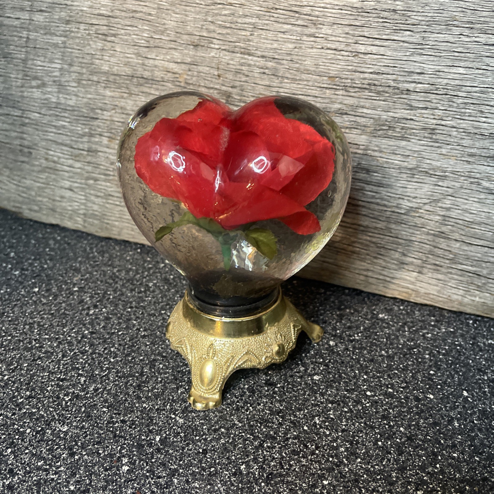 Floating ROSE Flower inside Glass Globe on Decorative TIN Base
