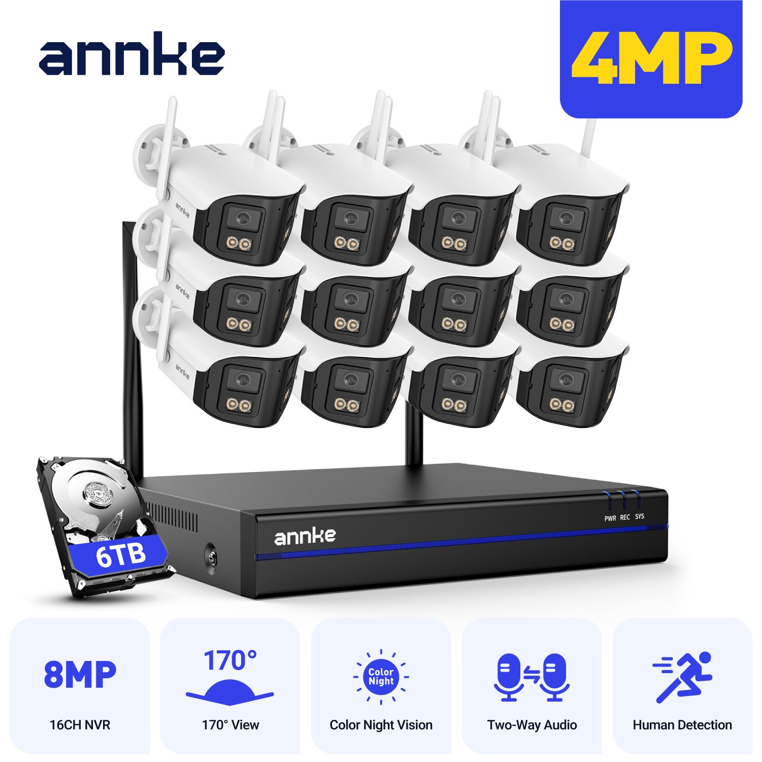 ANNKE 16CH NVR Wireless 4MP Dual Lens Color Security Camera System Two Way Audio