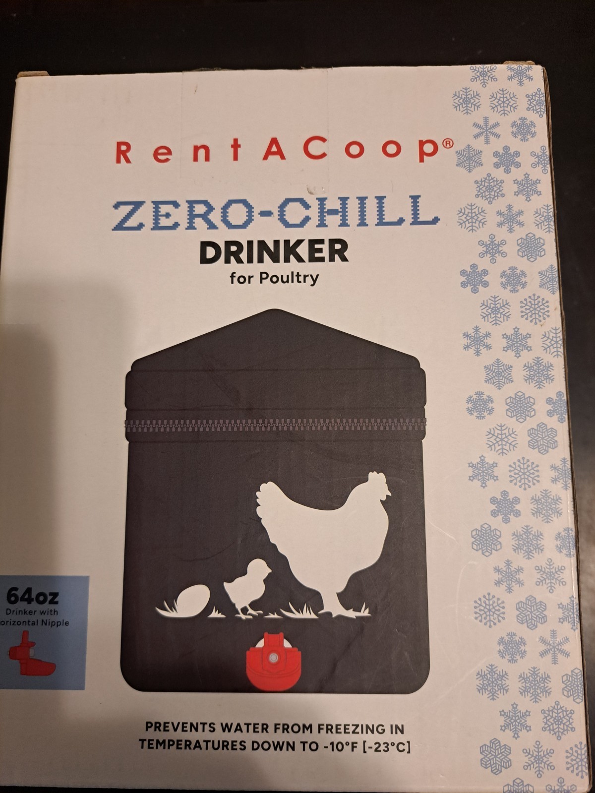 Zero Chill Drinker For Poultry Rent-A-Coop 64 Ounce Horizional Nipple