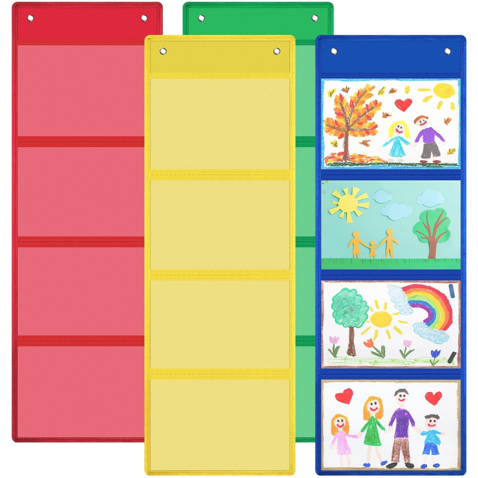 4 PCS 37.4x13 In 4 Pockets Storage Pocket Chart Classroom Hanging Multicolored