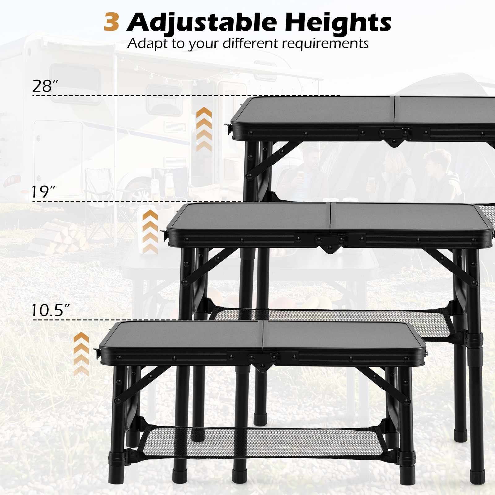 2 FT Small Folding Camping Table w/3 Adjustable Heights Storage Net Carry Handle
