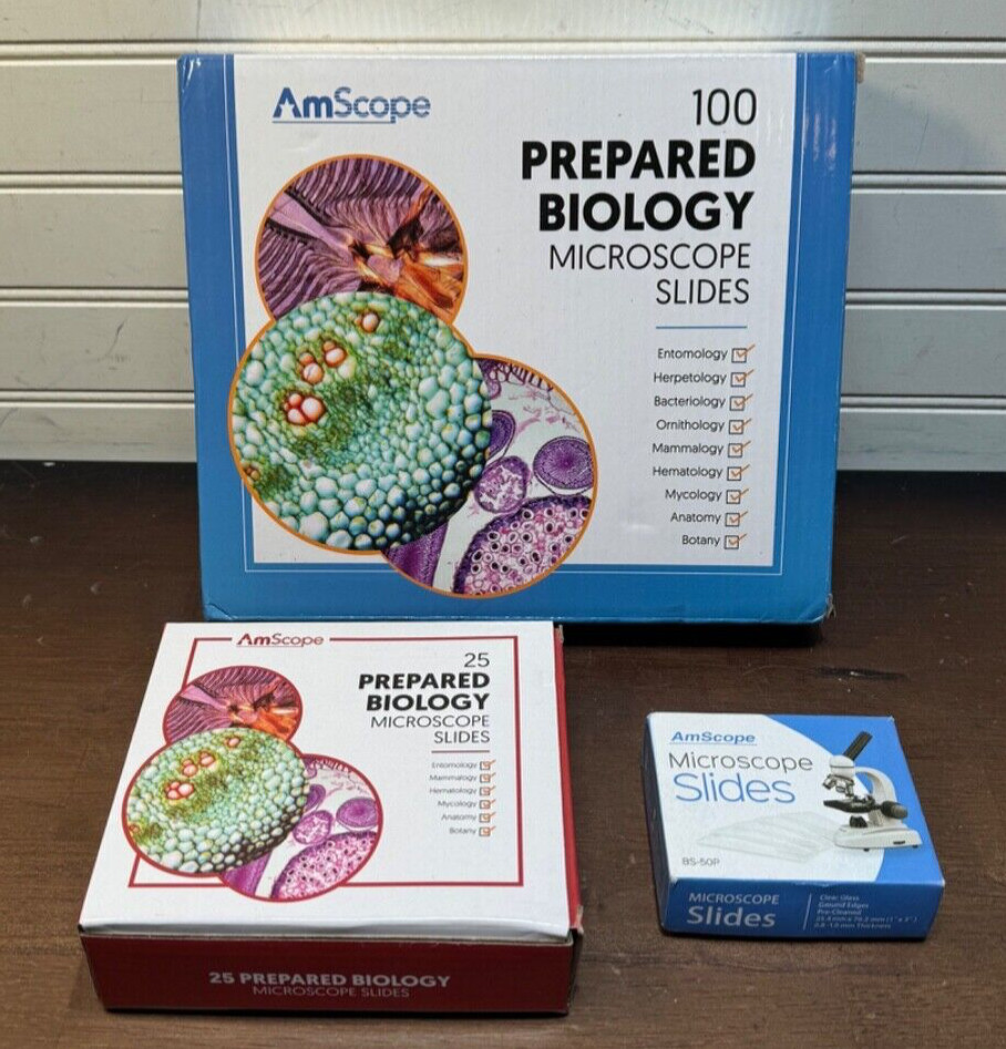 NEW AmScope 100 & 25 PC Prepared Biological Microscope Glass Slides + blanks