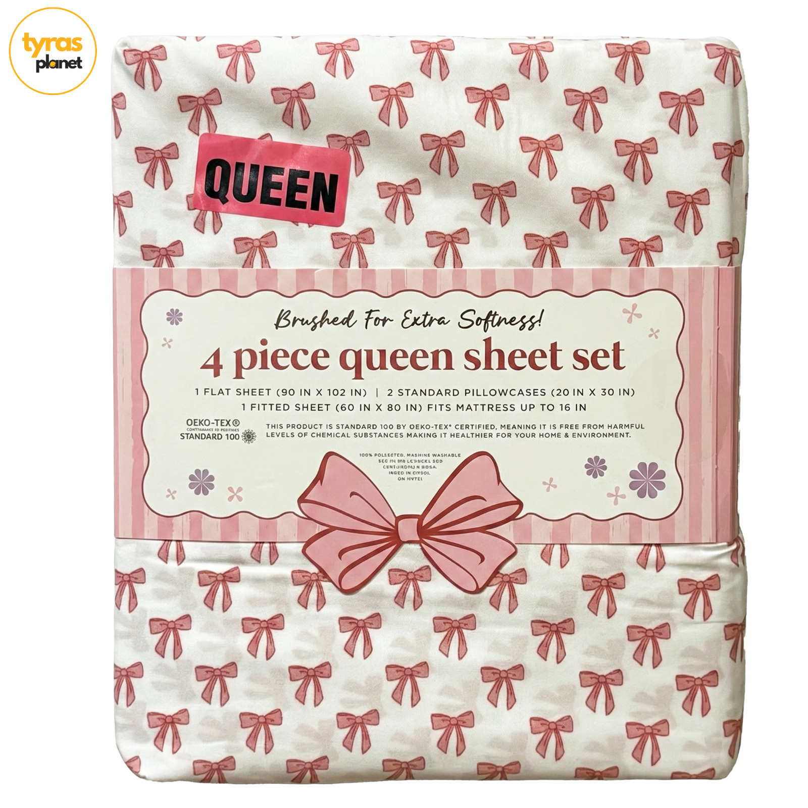 EnVogue Pink Bow Coquette Brushed for Extra Softness - 4pc - Queen Sheet Set
