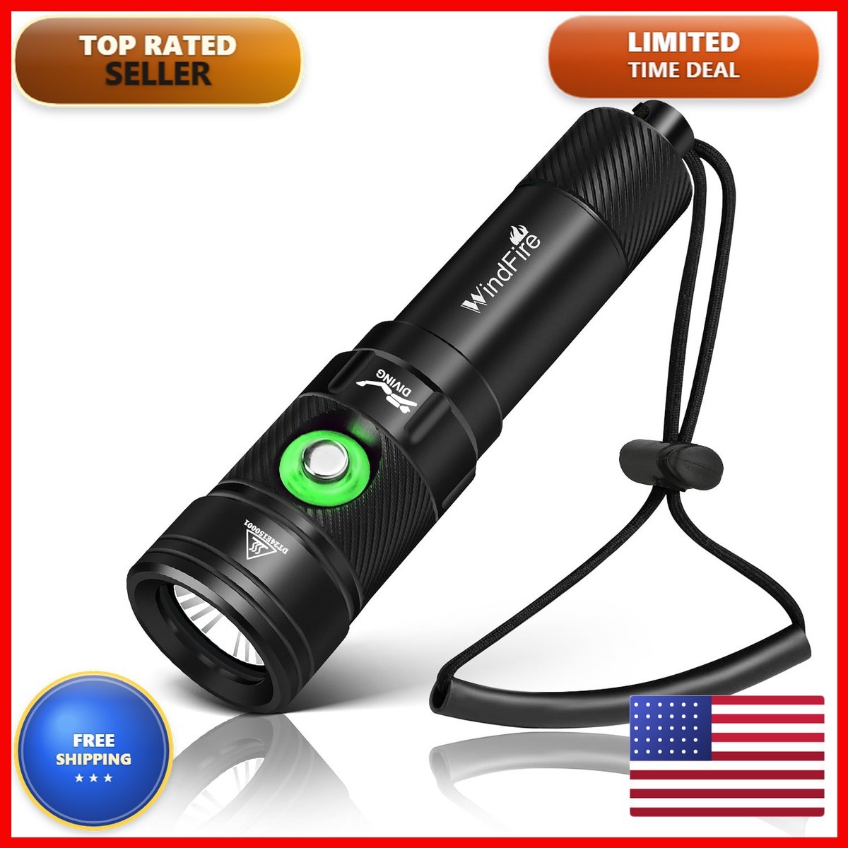 WINDFIRE DF180 Dive Light Rechargeable High Lumen Scuba Diving Flashlight