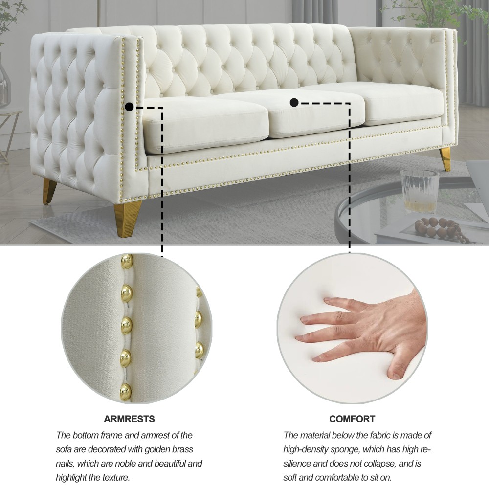 Velvet Sofa 3-Seater Tufted Chesterfield w/ Metal Legs Beige