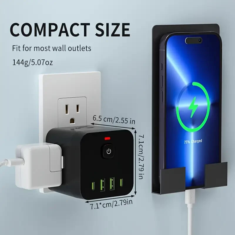 8 Outlet Extender Multi Plug Outlet W/ 4 USB Charger Port Wall Adapter Black