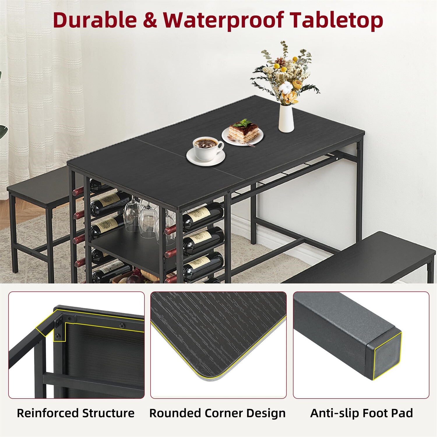Dining Table Set for 4 3 Pieces Kitchen Table Set with 2 Benches Wine Rack