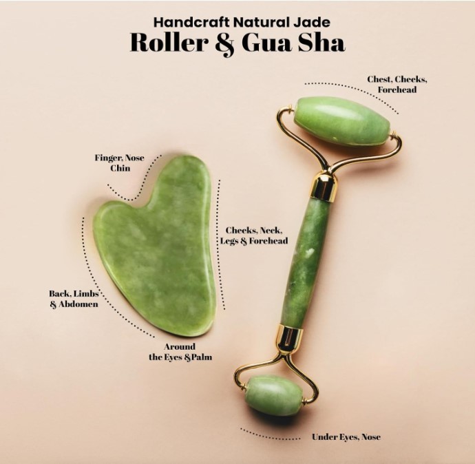 Jade Roller & Gua Sha Facial Tool Set Face Lifting Skincare Green