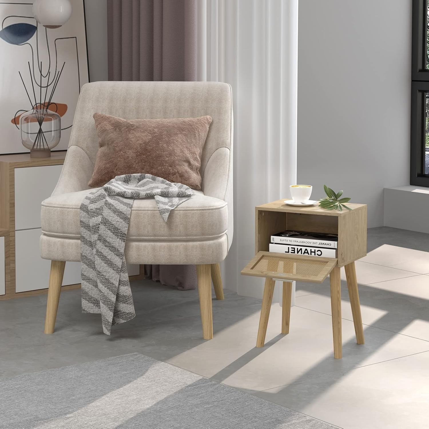 Nightstand Set of 2 Small Bedside Table Boho Side End Table Rattan Door Solid