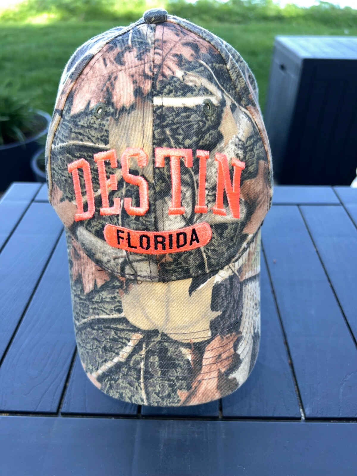 Destine Florida in Fluorescent orange on Camouflage Hat Cap Hook Loop EUC