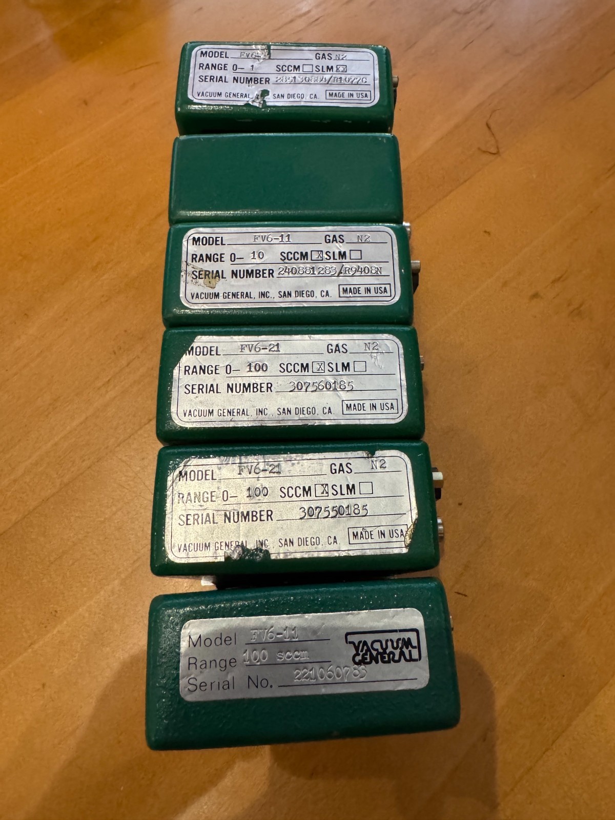 Vacuum General LOT of 6 Mass Flow Controllers ASSORTED FV-21, FV-11