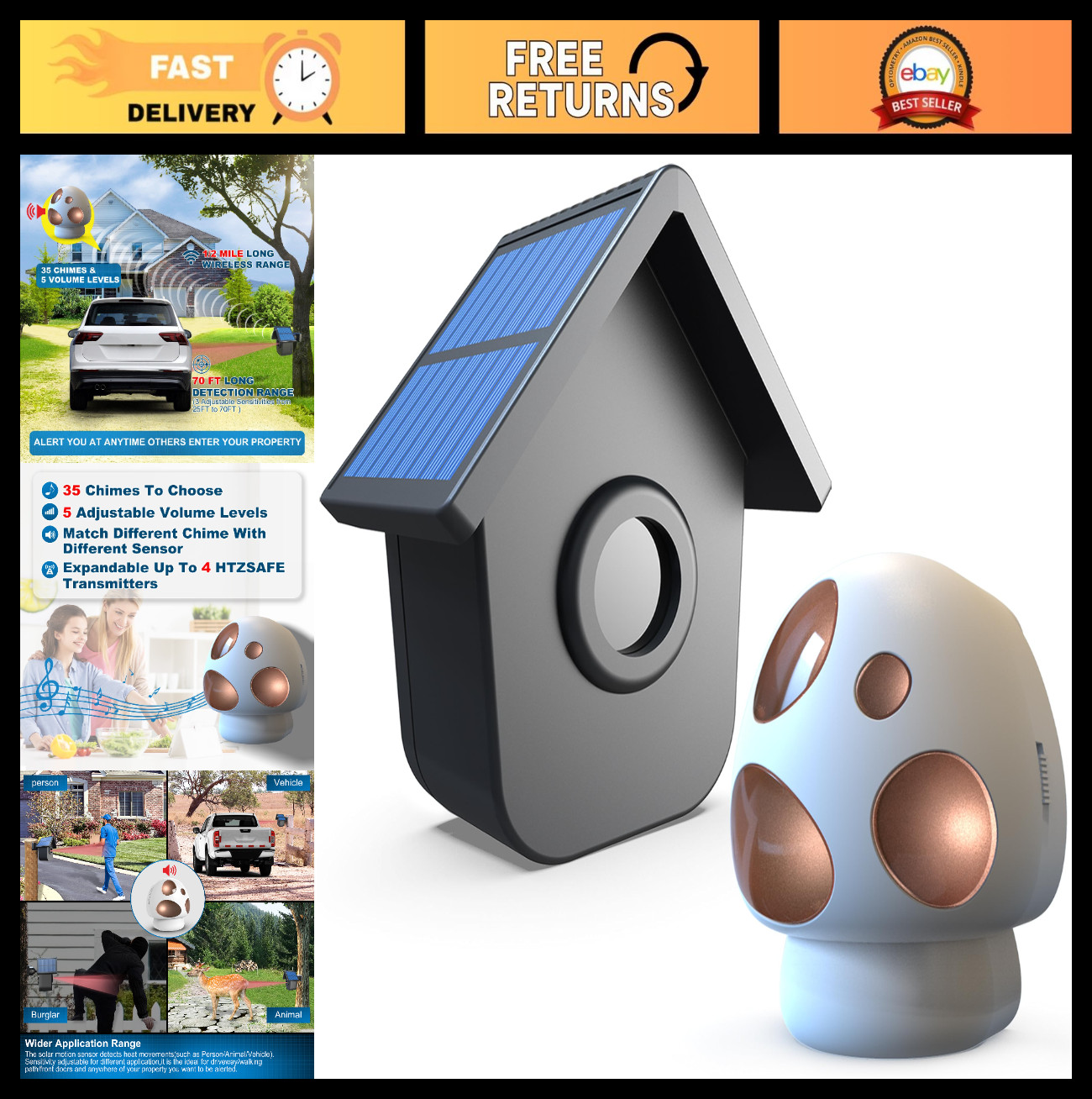 Wireless Driveway Alarm - 1/2 Mile Range Solar Motion Sensor Detector - Weatherp
