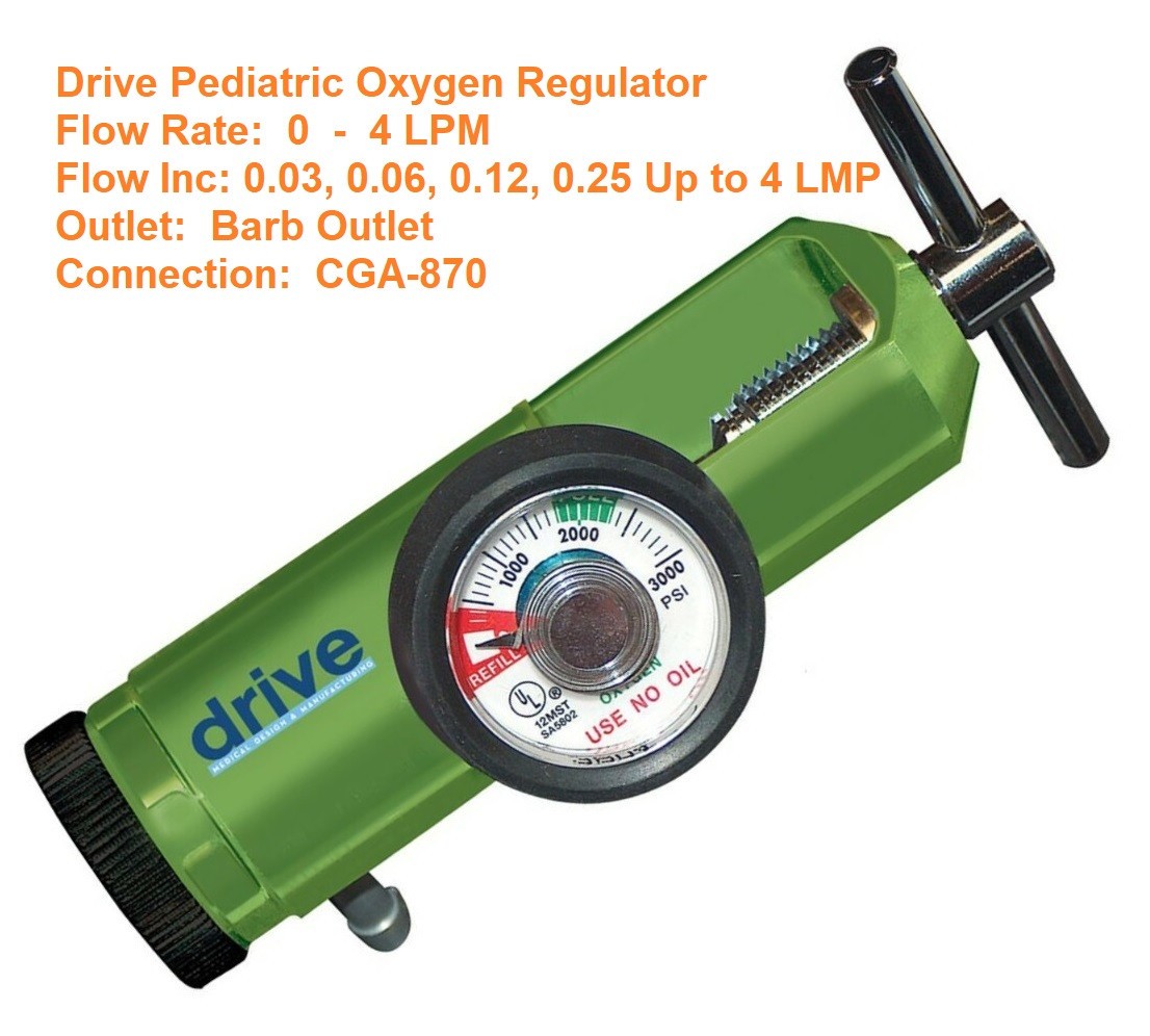 Drive Pediatric Oxygen Regulator Barb Outle CGA-870 Flow Rate 0 - 4 LPM, 18300GN