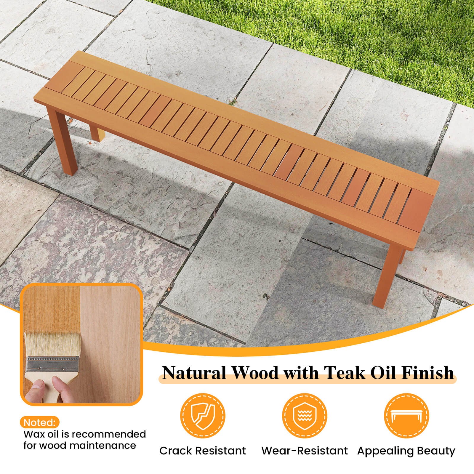 2PCS 59" Long Patio Dining Bench w/ Teak Oil Finish & Slat Seat Accent Entryway