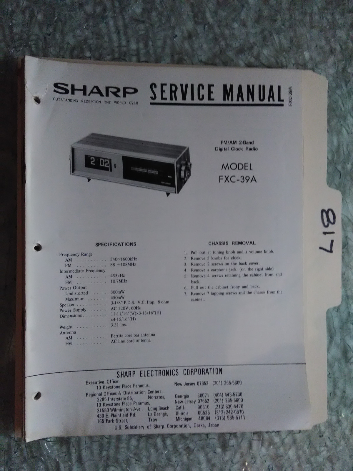 Sharp fxc-39 a service manual original repair book radio clock 14 pages