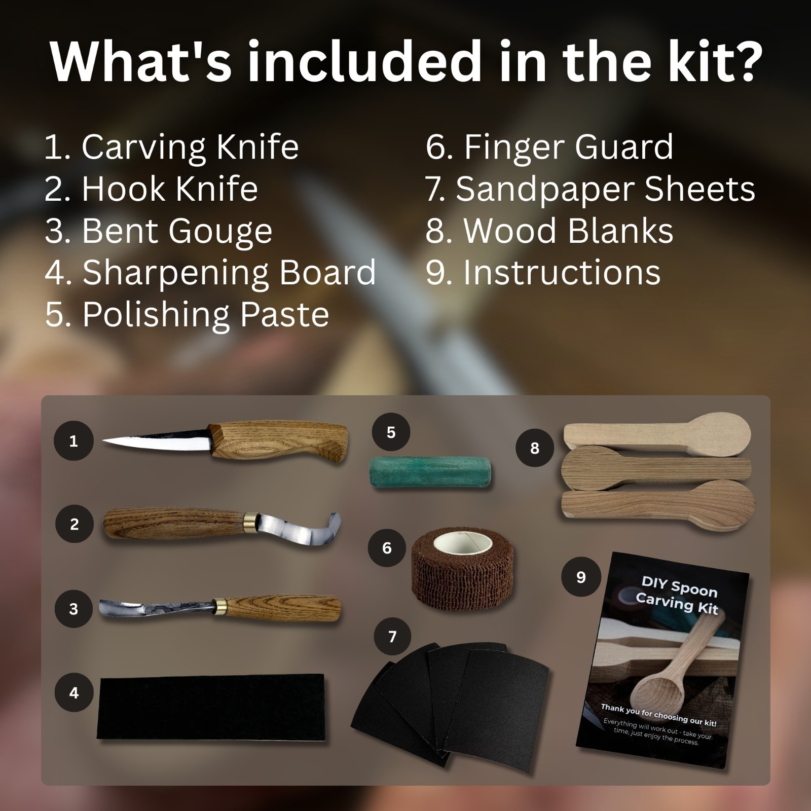 DIY Carving Kit for Beginners Cherry Oak Wood Blanks Clear Instructions 3 Spoons
