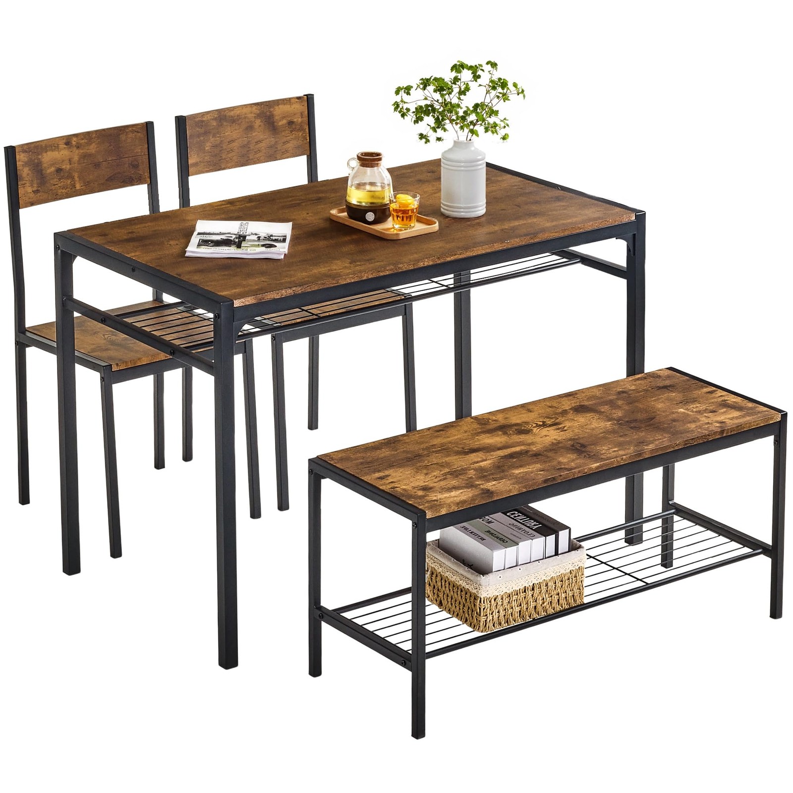 Brown 4-Seater Dining Table Set With 2 Chairs And Bench Compact Steel Frame