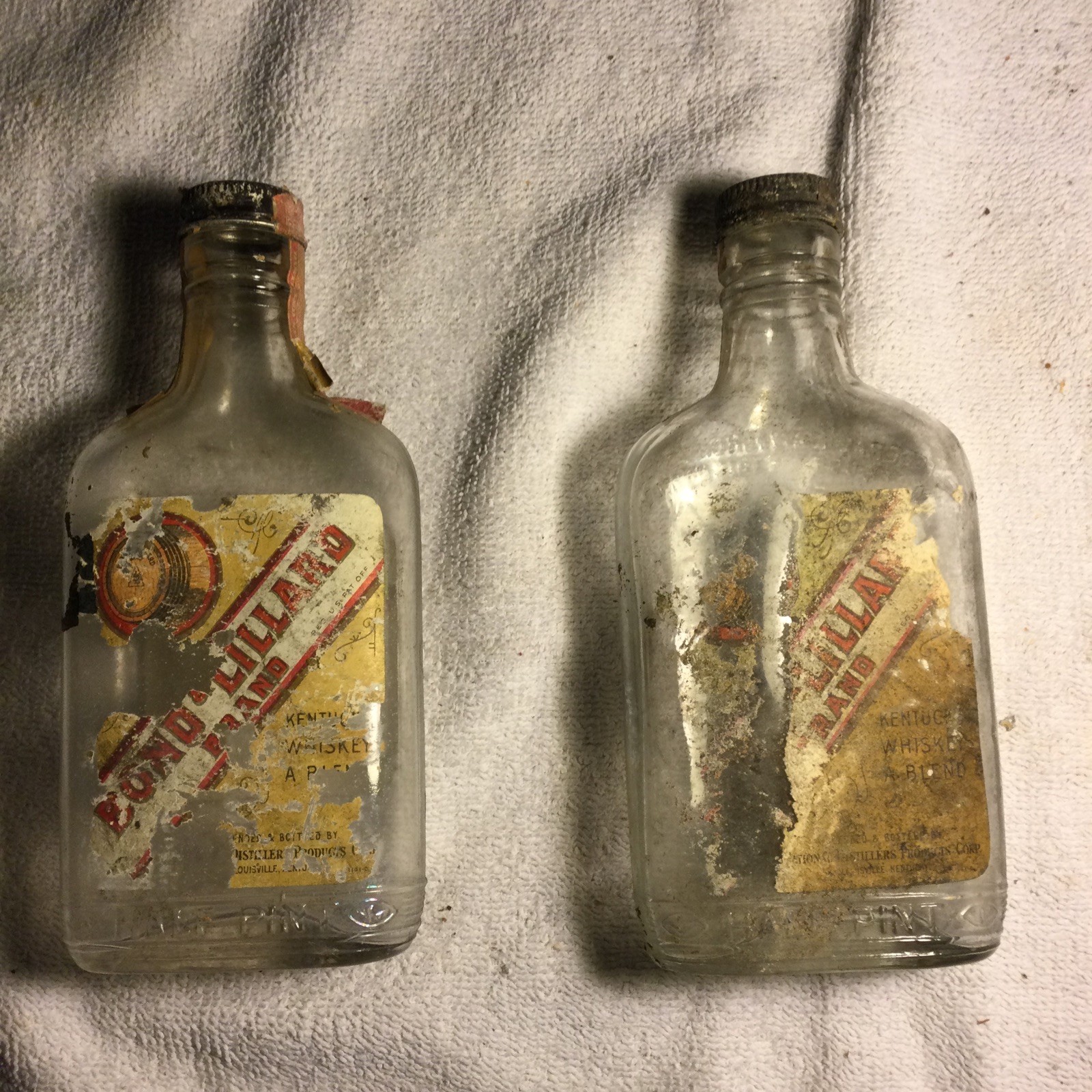 2 Vintage Bond & Lillard Half Pint Whiskey Bottles, Partial Paper Labels & Caps
