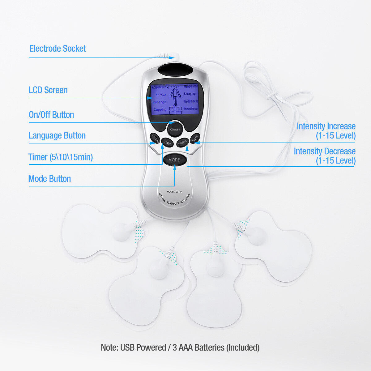 TENS Machine USB Electrical Muscle Stimulator Massager Pulse Channel White