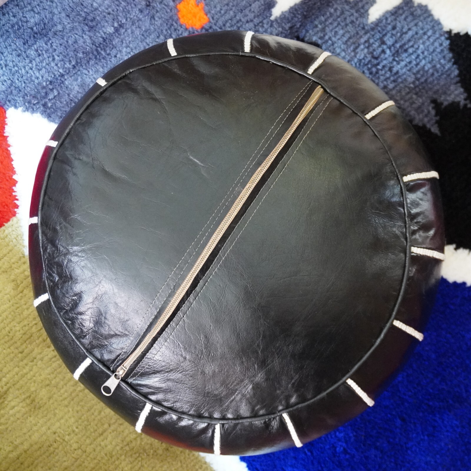 Moroccan Handcrafted Leather Pouf, handmade leather pouf, White and black pouf,