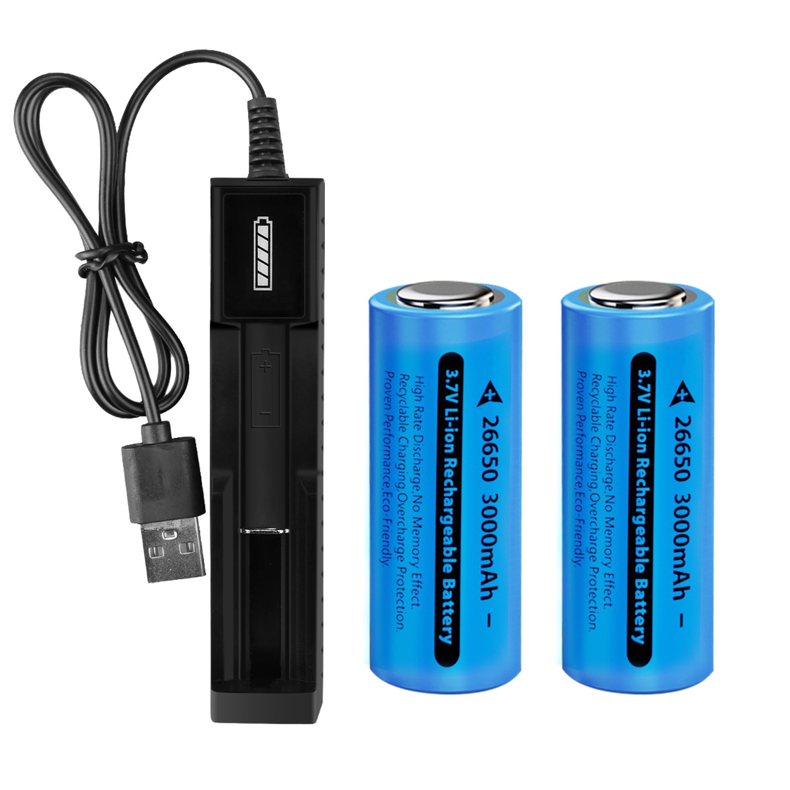 3.7V Rechargeable Battery Flat Top 26650 Batteries Cell + Charger for Flashlight