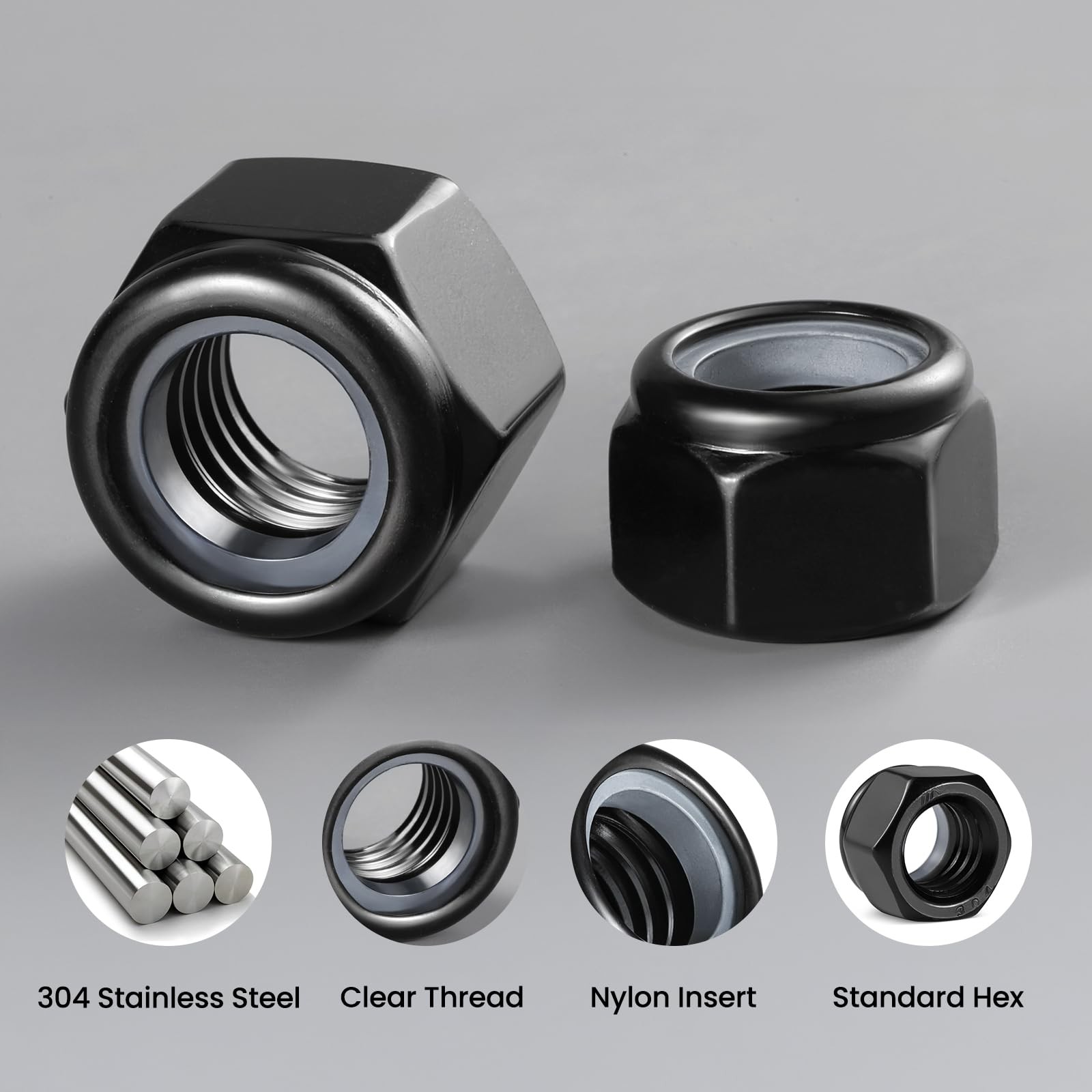 20Pcs M10-1.5 Lock Nuts, Nylon Insert Locknuts 304 Stainless Steel A2-70 Blac...