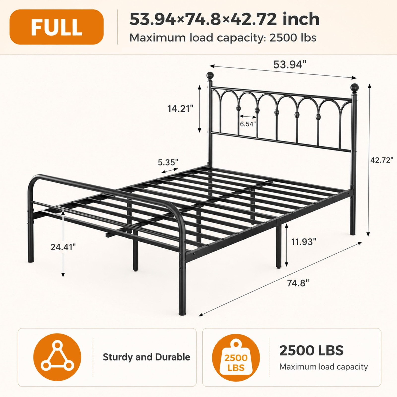 Full Size Bed Frame, Metal Platform with 11.9" Under-Bed Storage Black