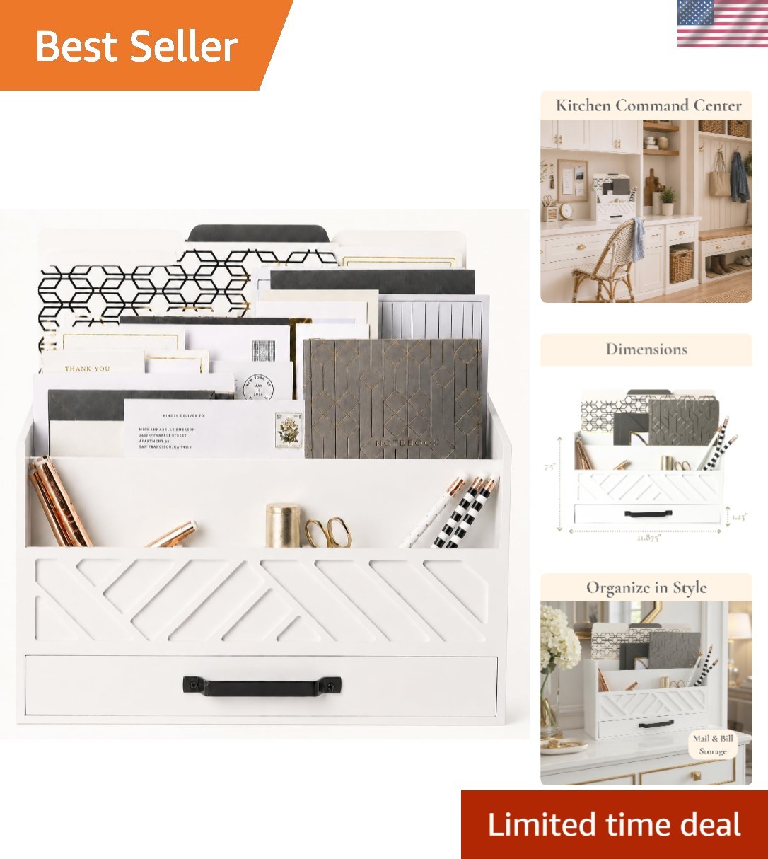 Wooden Mail Organizer with Drawer | Mail Organizer Countertop with 6 Compartm...