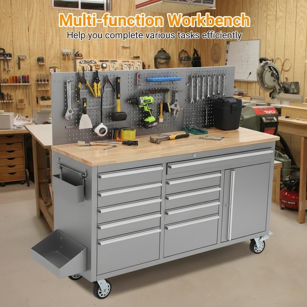 61-inch Rolling Workbench 10 Drawers Garage Workbench Storage Tool Cabinet