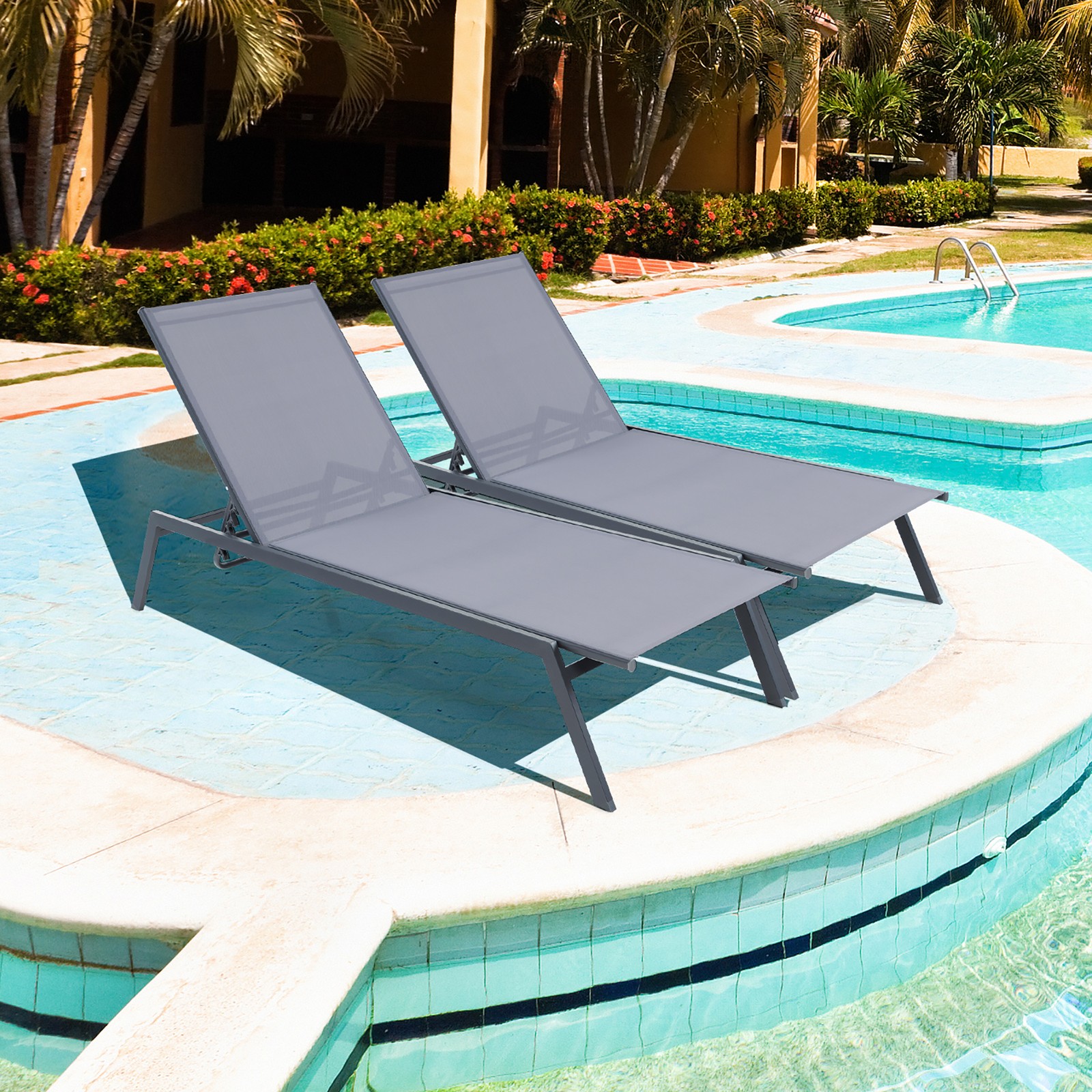2PCS Patio 6-Position Adjustable Lounge Chair Outdoor Reclining Chair Poolside