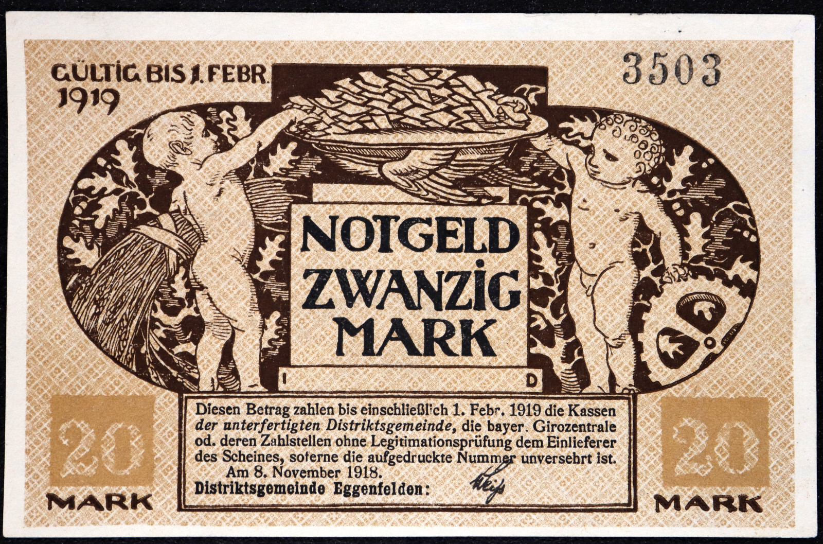 EGGENFELDEN 1918 "Notgeld Cherubs" 20 Mark Grossnotgeld Banknote Germany