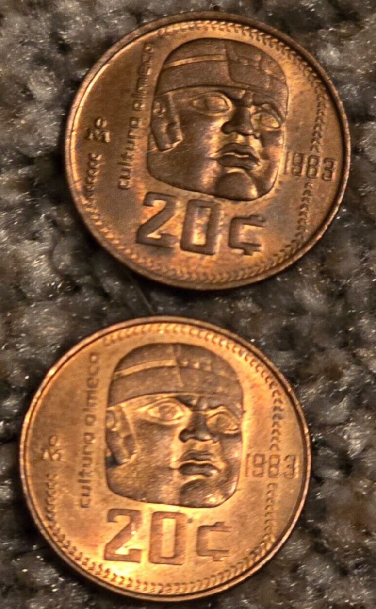 *TWO* 1983 Mexican 20 Centavos Coins - MAYAN Picture & Great Details!