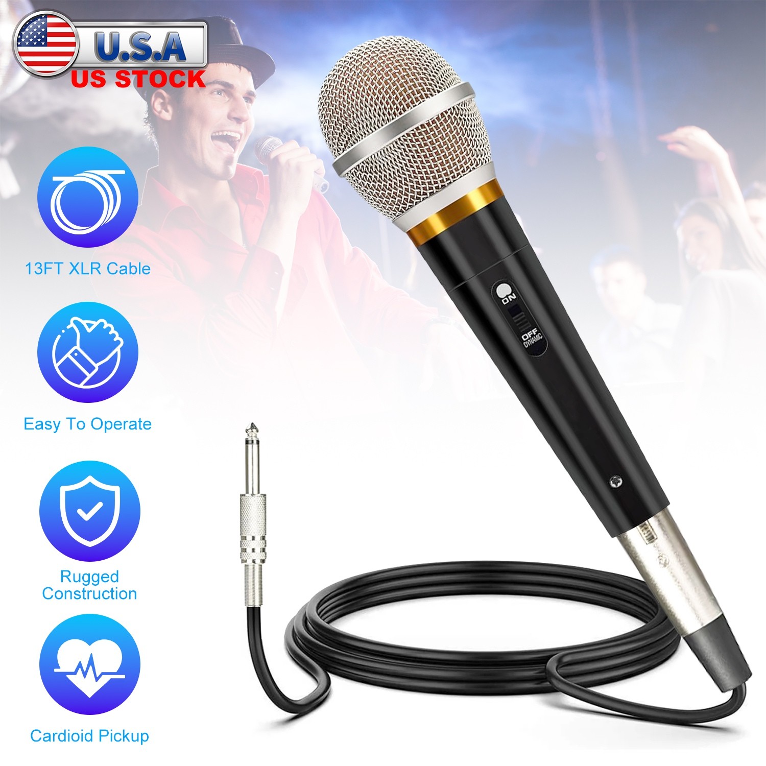 Handheld Dynamic Microphone With On/Off Switch 13ft Detachable XLR Cable