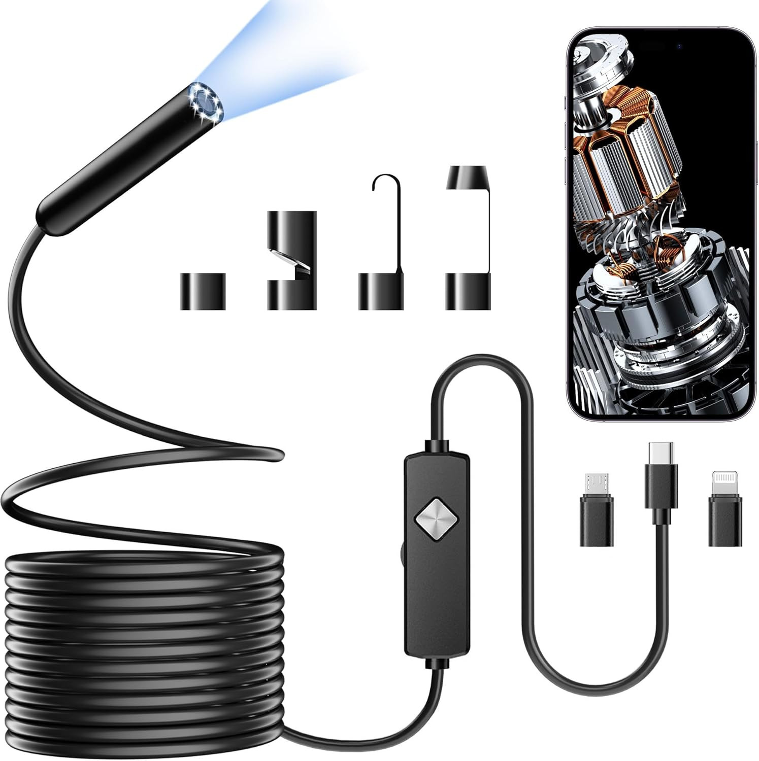 Endoscope with Light, 1920P HD Borescope with 8 Adjustable LED Lights
