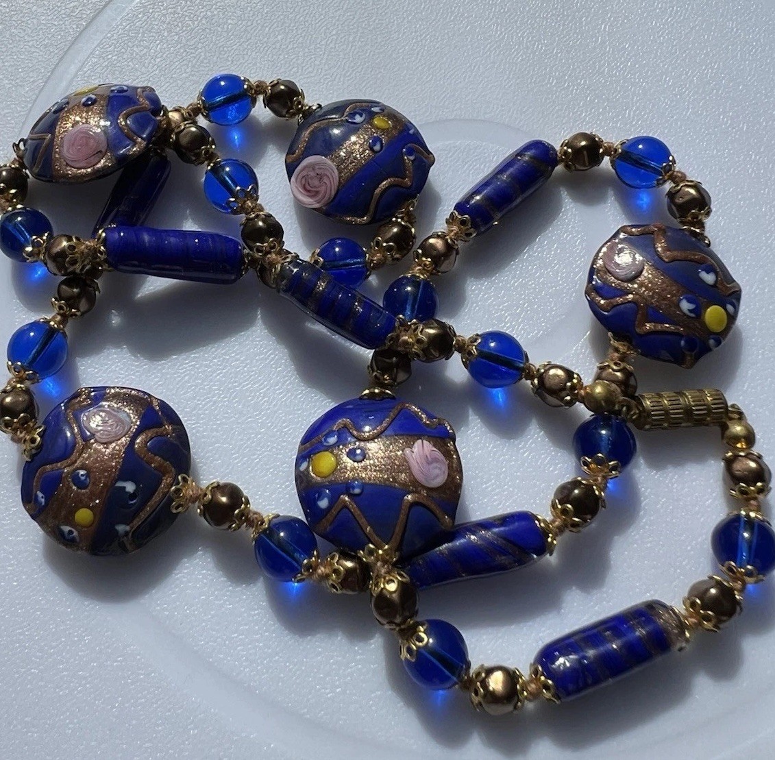 Italian Murano Handblown Glass Necklace Cobalt Copper Disc Tube Wedding Cake Use