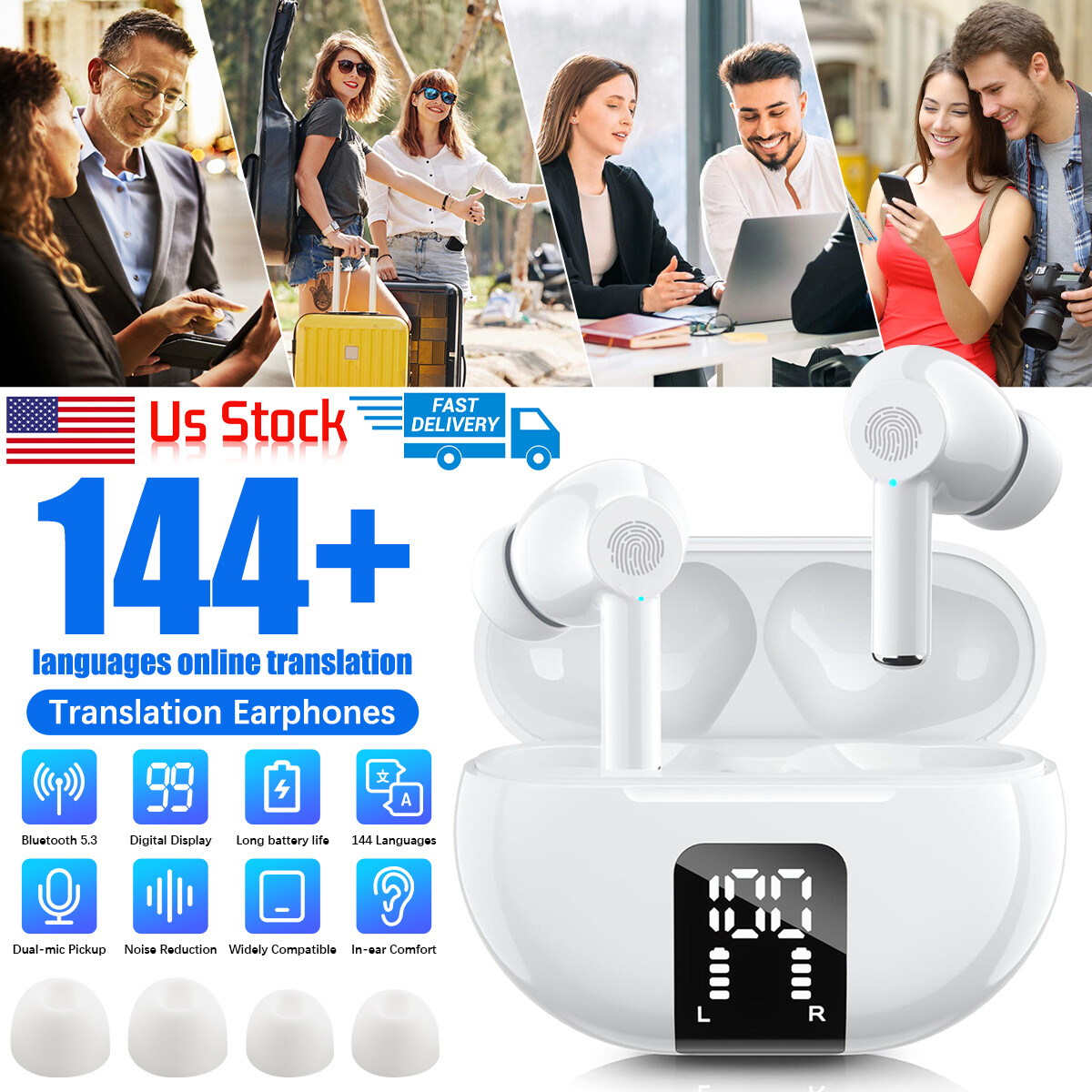 Real Time 150+ Languages Translator Earbuds Translation Earphones Smart Voice US