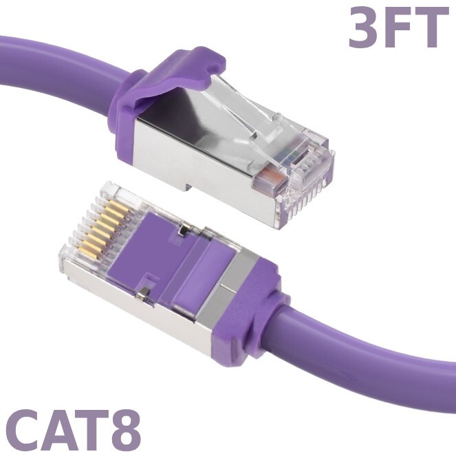 3FT Ethernet LAN Network Cat8 RJ45 S/FTP Cable Shielded Cord 28AWG 2GHz Purple