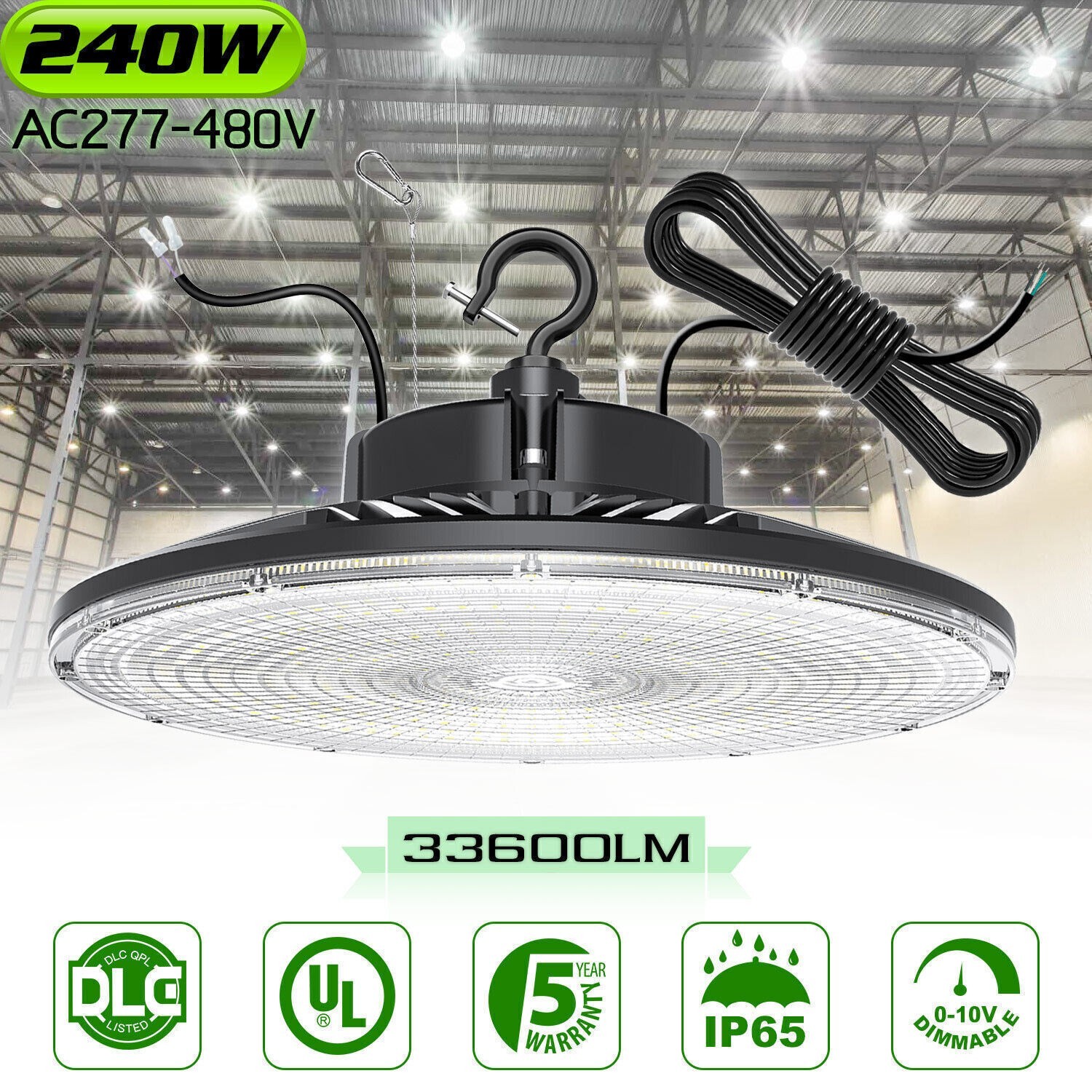240W LED UFO High Bay Light Dimmable 277-480V 5000K 36,000lm Warehouse Shop Lamp